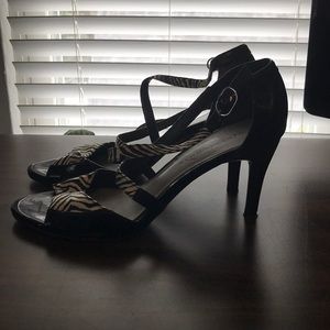 Zebra print high heel shoes.